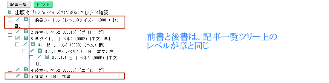 前書と後書は、ツリー上のレベルが章と同じ